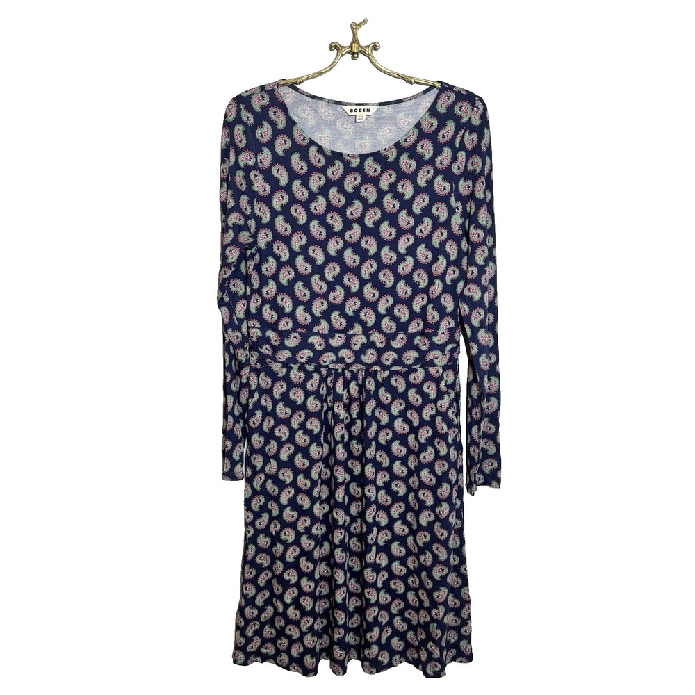 Boden Women Abigail Jersey Dress Size 14R Blue Paisley Long Sleeve Knee Jersey